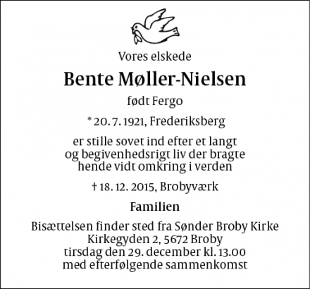 Dødsannoncen for Bente Møller-Nielsen - Brobyværk