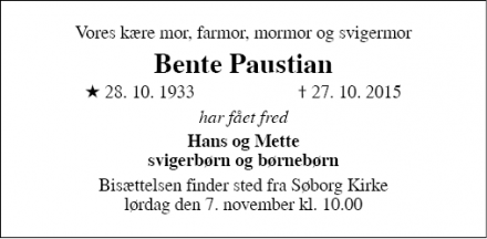 Dødsannoncen for Bente Paustian - Søborg