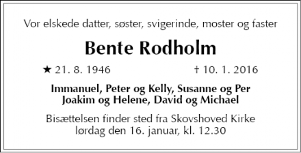 Dødsannoncen for Bente Rodholm - Charlottenlund