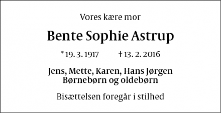 Dødsannoncen for Bente Sophie Astrup - Birkerød