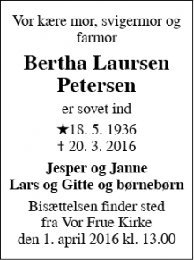 Dødsannoncen for Bertha Laursen Petersen - Roskilde