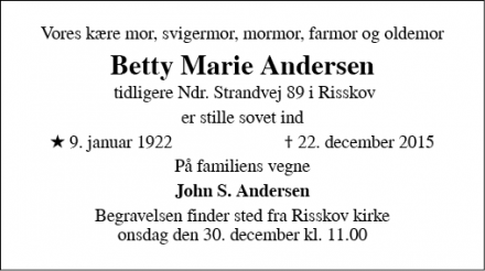 Dødsannoncen for Betty Marie Andersen - Risskov