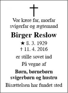 Dødsannoncen for Birger Reslow - Odense