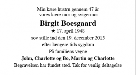 Dødsannoncen for Birgit Boesgaard - Ganløse