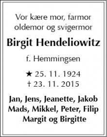 Dødsannoncen for Birgit Hendeliowitz - Hillerød
