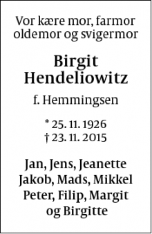 Dødsannoncen for Birgit Hendeliowitz - Hillerød