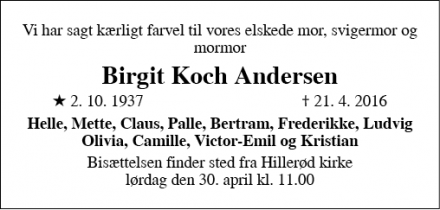 Dødsannoncen for Birgit Koch Andersen - Hillerød