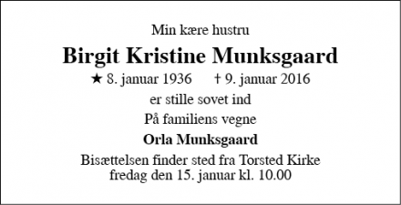 Dødsannoncen for Birgit Kristine Munksgaard - Horsens