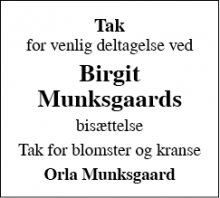 Dødsannoncen for Birgit Munksgaard - Horsens