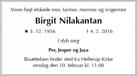 Dødsannoncen for Birgit Nilakantan  - Aarhus