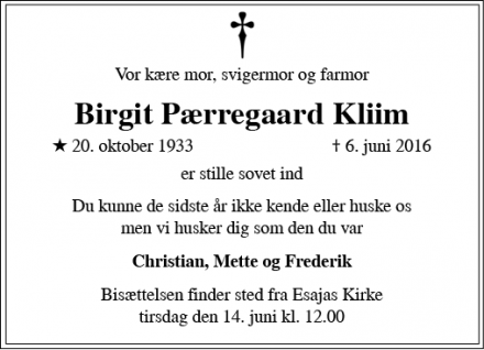 Dødsannoncen for Birgit Pærregaard Kliim - København