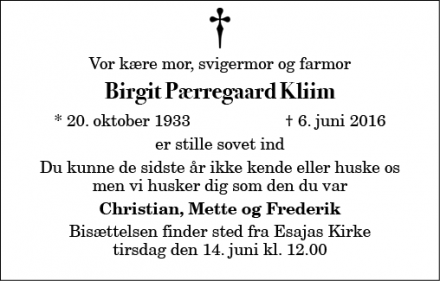 Dødsannoncen for Birgit Pærregaard Kliim - København