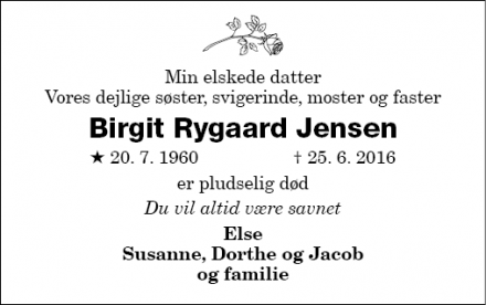Dødsannoncen for Birgit Rygaard Jensen - Errindlev