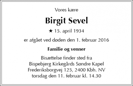 Dødsannoncen for Birgit Sevel - Gentofte 