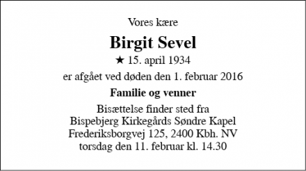 Dødsannoncen for Birgit Sevel - Gentofte 