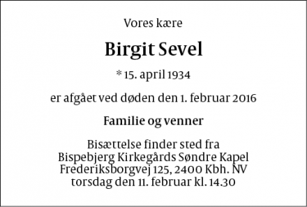 Dødsannoncen for Birgit Sevel - Gentofte 