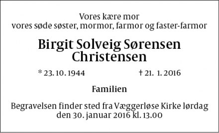 Dødsannoncen for Birgit Solveig Sørensen Christensen - Væggerløse
