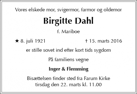 Dødsannoncen for Birgitte Dahl - Farum