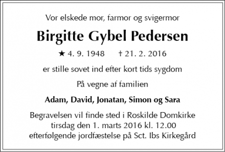 Dødsannoncen for Birgitte Gybel Pedersen - København/Roskilde