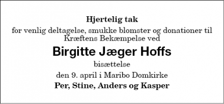 Dødsannoncen for Birgitte Jæger Hoff - Maribo