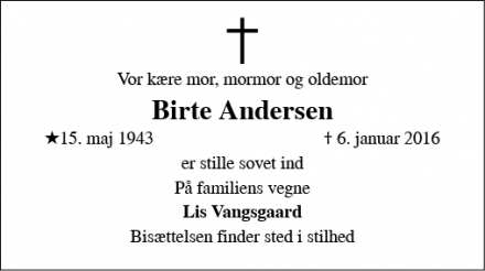 Dødsannoncen for Birte Andersen - Svendborg 