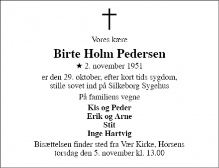 Dødsannoncen for Birte Holm Pedersen - Horsens