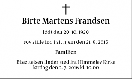 Dødsannoncen for Birte Martens Frandsen - Roskilde