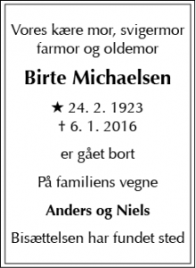 Dødsannoncen for Birte Michaelsen - Herfølge