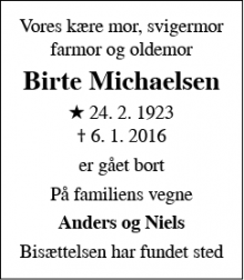 Dødsannoncen for Birte Michaelsen - Herfølge