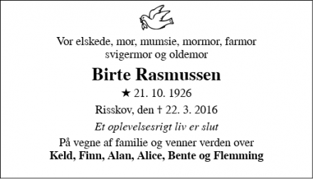 Dødsannoncen for Birte Rasmussen - Risskov