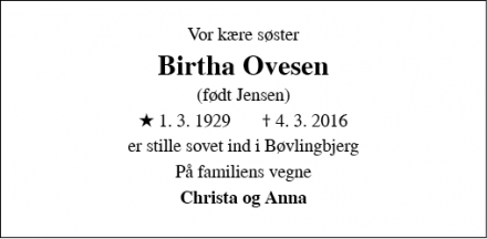 Dødsannoncen for Birtha Ovesen - Lomborg