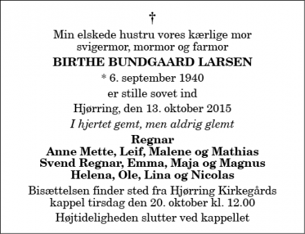 Dødsannoncen for Birthe Bundgaard Larsen - 9800 Hjørring 