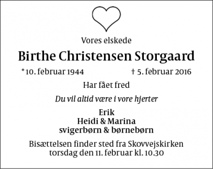 Dødsannoncen for Birthe Christensen Storgaard - Ballerup