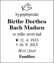 Dødsannoncen for Birthe Dorthea Bach Madsen - Frederiksberg