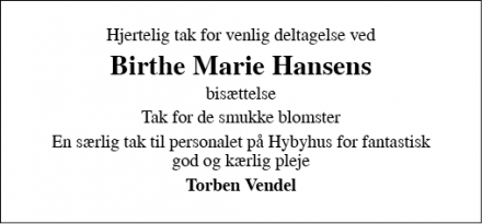 Dødsannoncen for Birthe Marie Hansen - Fredericia