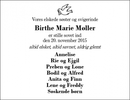 Dødsannoncen for Birthe Marie Møller - Holstebro