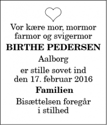 Dødsannoncen for Birthe Pedersen - Aalborg