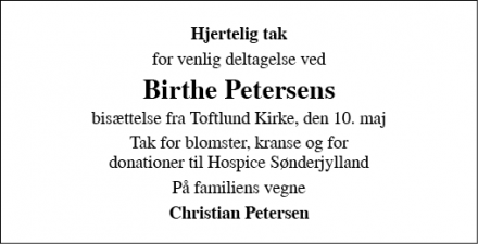 Dødsannoncen for Birthe Petersen - 6520 Toftlund