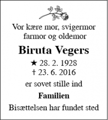Dødsannoncen for Biruta Vegers - Herlev