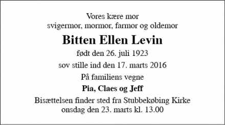 Dødsannoncen for Bitten Ellen Levin - Stubbekøbing