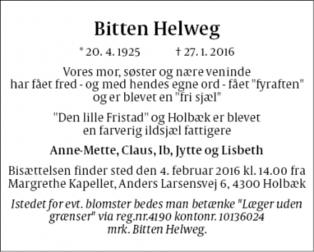 Dødsannoncen for Bitten Helweg - Holbæk