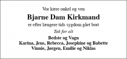 Dødsannoncen for Bjarne Dam Kirkmand - Ribe