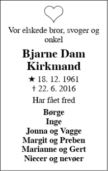 Dødsannoncen for Bjarne Dam Kirkmand - Kolding
