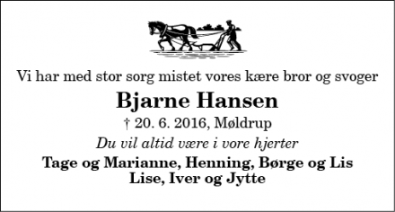 Dødsannoncen for Bjarne Hansen - Møldrup