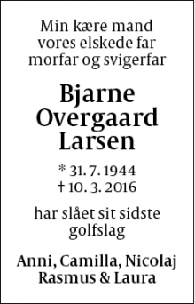 Dødsannoncen for Bjarne Overgaard Larsen - Greve