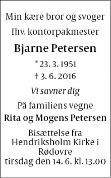 Dødsannoncen for Bjarne Petersen - 2610 Rødovre