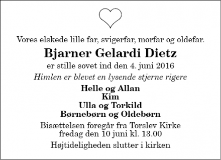 Dødsannoncen for Bjarner Gelardi Dietz - Sæby