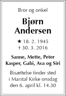 Dødsannoncen for Bjørn Andersen - Marstal