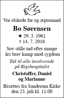 Dødsannoncen for Bo Sørensen - Sanderum