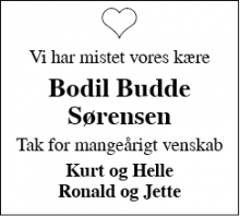Dødsannoncen for Bodil Budde Sørensen - Silkeborg